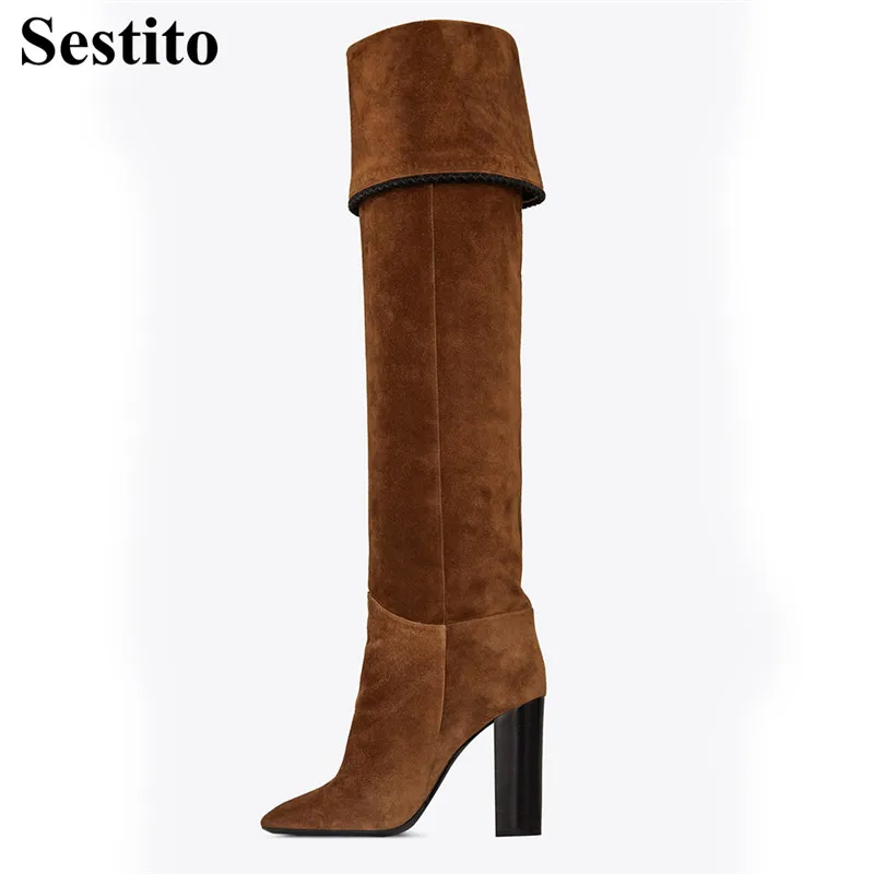 

European Fashion Solid Fringe Round Toe Super High Hoof Heels Knee-High Winter Boots Women Flock Slip-on Long Boots Women Shoes