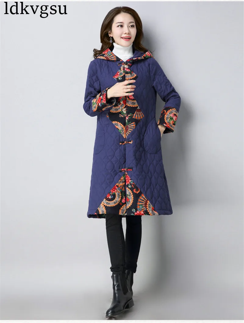 Ретро пальто женское 2019 осень зима пластина пряжка с капюшоном длинный толстый большой размер хлопок льняное пальто ветровка Куртка