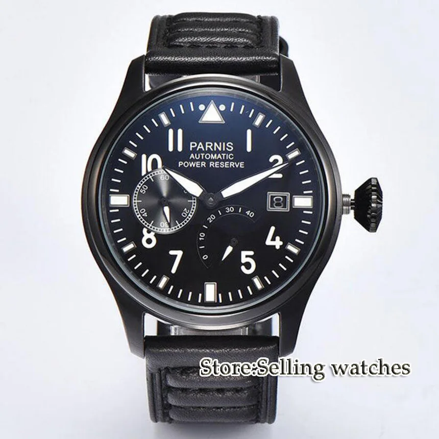 

Parnis 47mm men's watch PVD case power reserve black dial luminous ST2530 Automatic movement wrist watch men