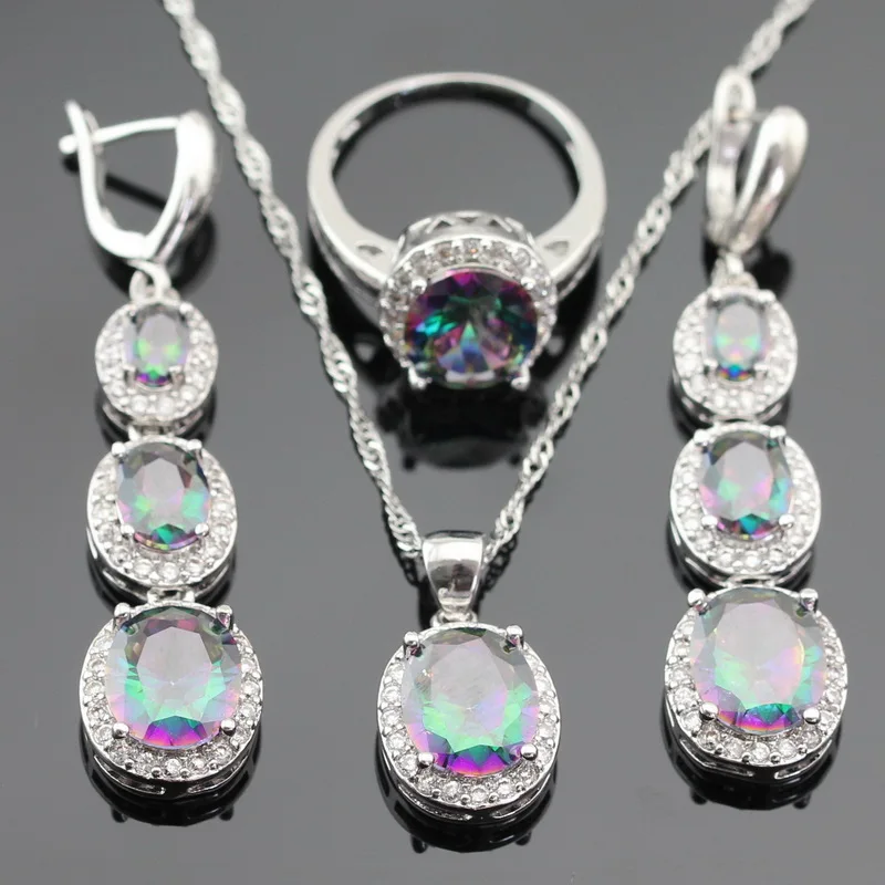 

Multicolor Rainbow Cubic Zirconia Silver Color Jewelry Sets Necklace Pendant Long Drop Earrings Rings For Women Free Gift Box