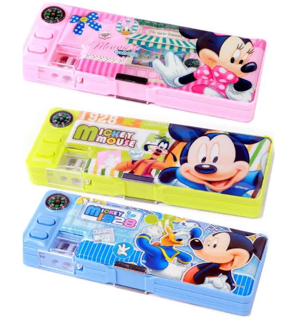 Multi function Automatic Pencil Box Cartoon compass Double Layer