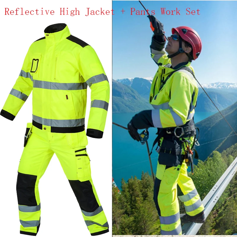 Reflective Jacket + pants High visibility Men Outdoor Working Tops