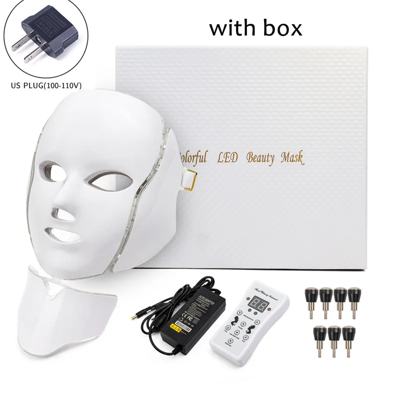 7 цветов светильник светодиодный маска для лица с омоложением кожи шеи уход за лицом Лечение Красота анти акне терапия отбеливающий инструмент - Цвет: US Plug withbox