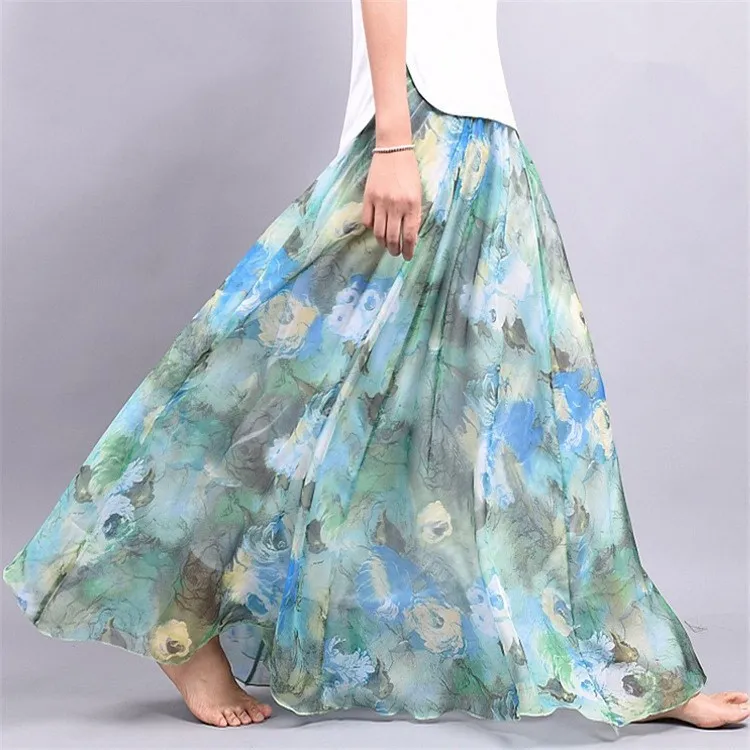 

Summer New Vintage Bohemia Chiffon Skirts Floral Print Women Floor-Length Skirts Beach Party Loose Flare Skirt