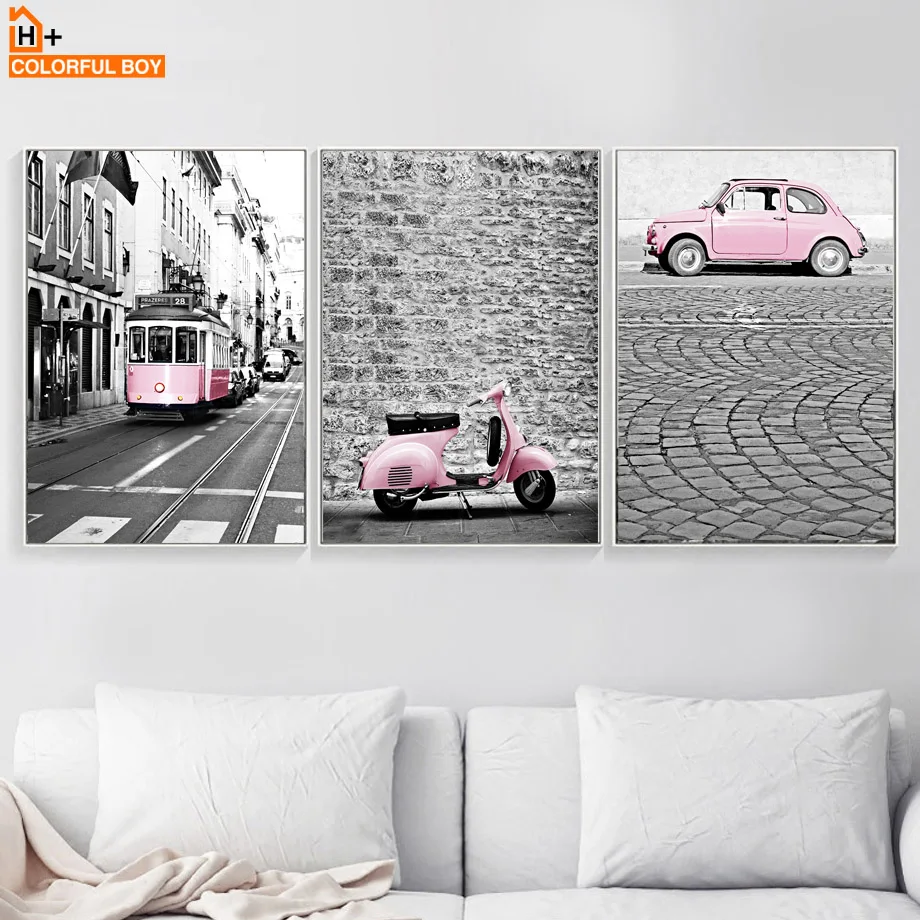 

COLORFULBOY Wall Art Canvas Painting Modern London Landscape Posters And Prints Pink Vehicle Wall Pictures For Living Room Decor