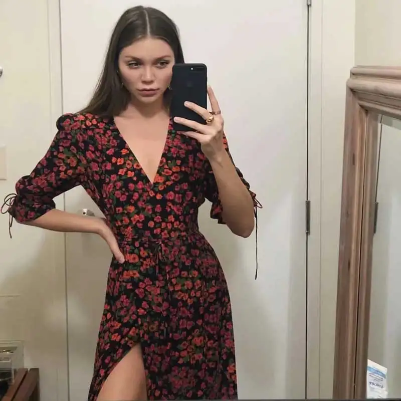 Богемный Вдохновленный Длинное Платье Camelia rose с v образным вырезом и короткими