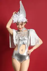 Новый стиль для ночного клуба Модные певица Серебристые пикантные вырез боди вечерние show Стадия DS костюм джаз танец ткань