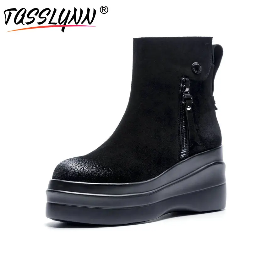 

TASSLYNN 2018 Women Ankle Motorcycle Boots Cow Suede Cool Wedges Heels Boots Women Fashion Zip Roun Toe Women Shoes Size 34-39