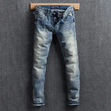 Fashion Classical Men Jeans Light Blue Vintage Denim Buttons Pants White Wash Slim Fit Elastic Brand Designer Simple Jeans Men light wash tapered fit nine minutes of jeans