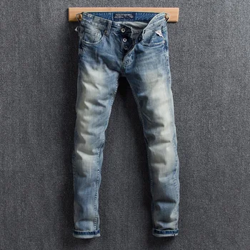 

Fashion Classical Men Jeans Light Blue Vintage Denim Buttons Pants White Wash Slim Fit Elastic Brand Designer Simple Jeans Men