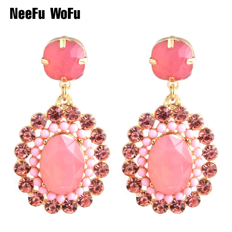 

NeeFu WoFu Oval Drop Rhinestone Big Earring Dangle Zinc alloy Large Retro Long Brinco Printing Ear Oorbellen