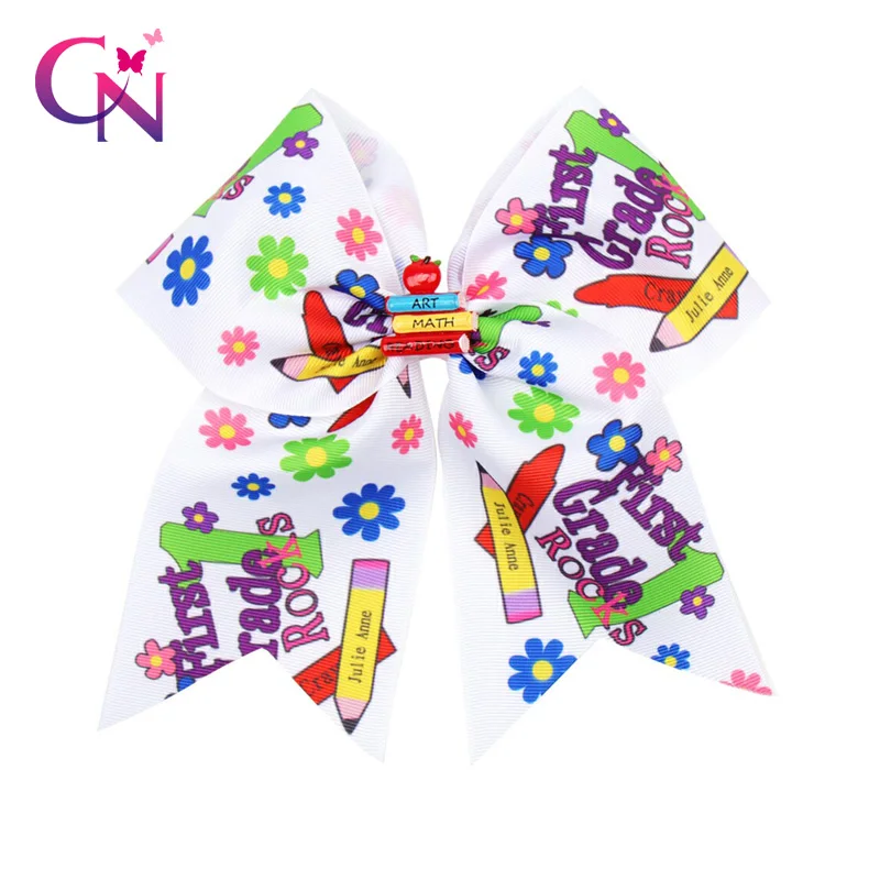 

CN 7'' BACK TO SCHOOL Pencil Print Cheer Bow With Clips for Girls Resin Cars Patch Hair Bows For Students Hair Accessories