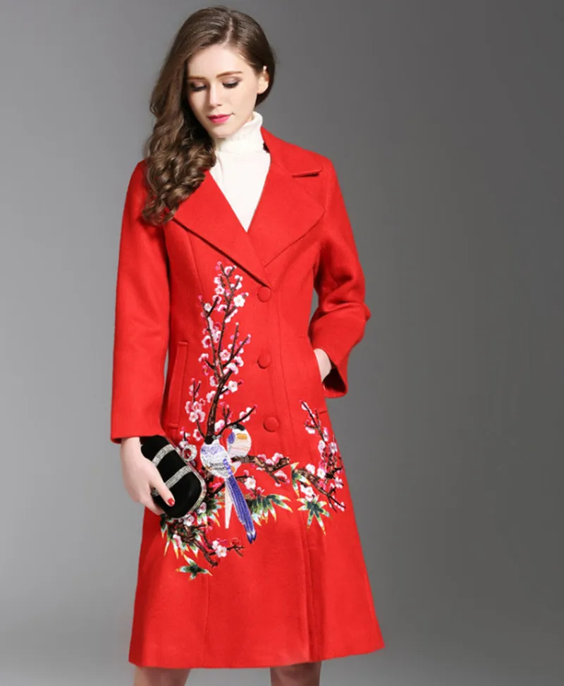 New Flower Printed Trench Coat for Women Plum blossom Jacquard Floral Thick Wool Overcoat Plus Size Long Embroidered Outerwear Coats