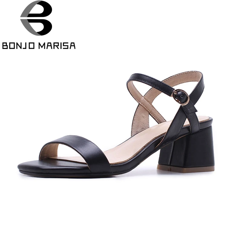 

BONJOMARISA Cow Genuine Leather Buckle Strap Summer Sandals Brief Hoof High Heels Square Toe Fashion Shoes Women