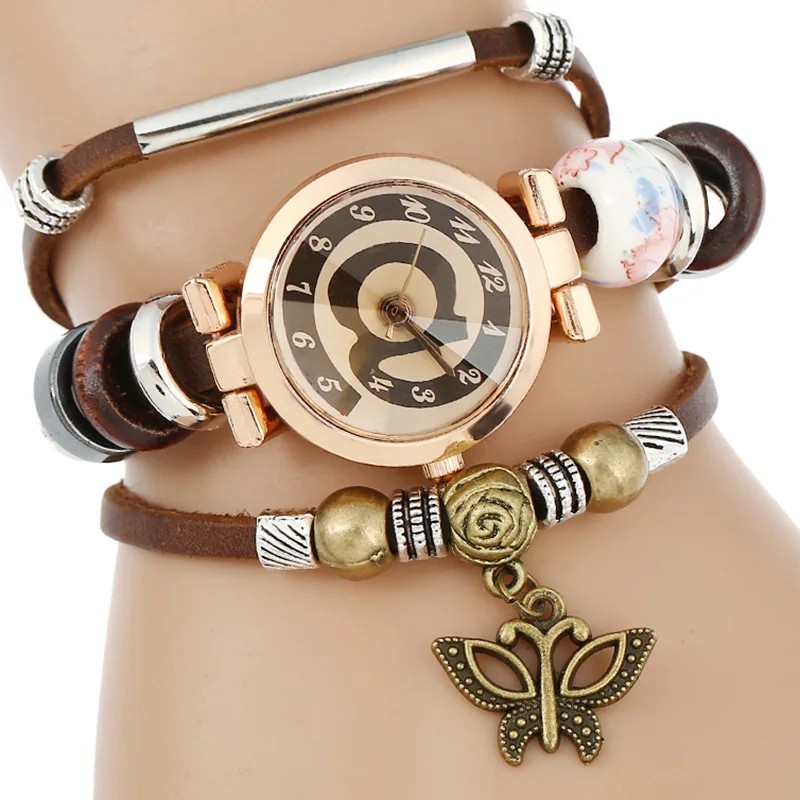 Top Leather Watch Women Triple Bracelet Wristwatch Face Butterfly Charm Fashion Quartz Wristwatch font b Reloj