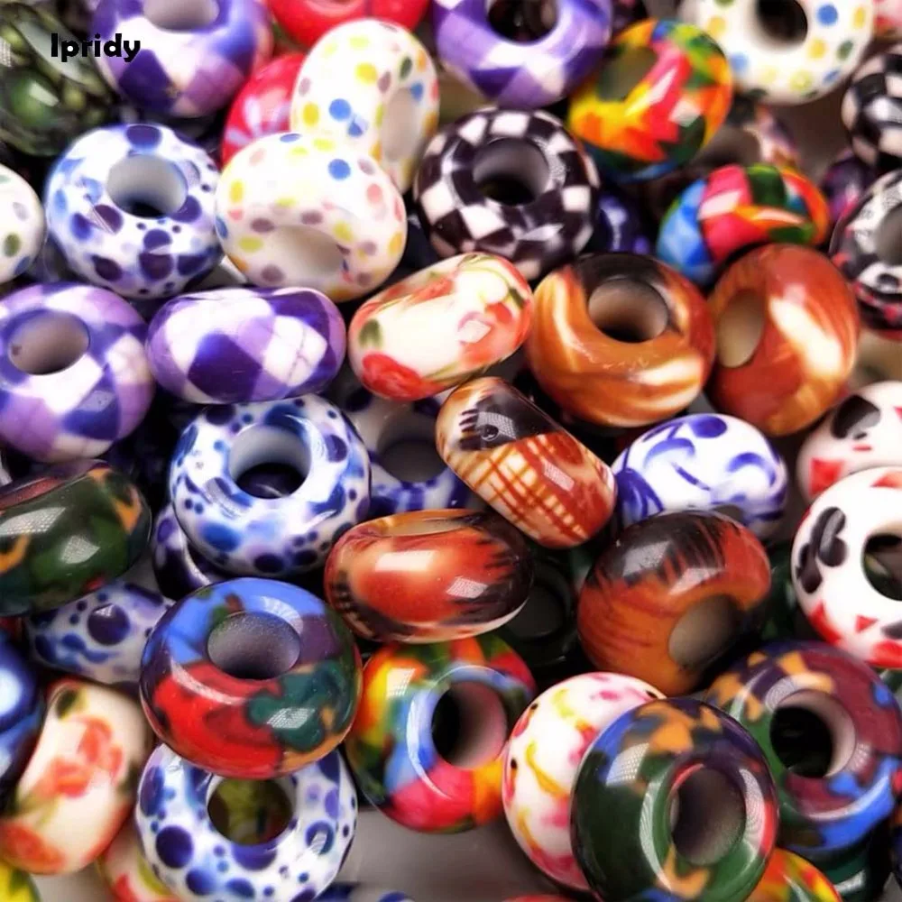 

10pcs/lot 14mm Mixed Large Hole Resin Beads,No Core European Bead with Printed Flower fit Diy Charms Bracelets