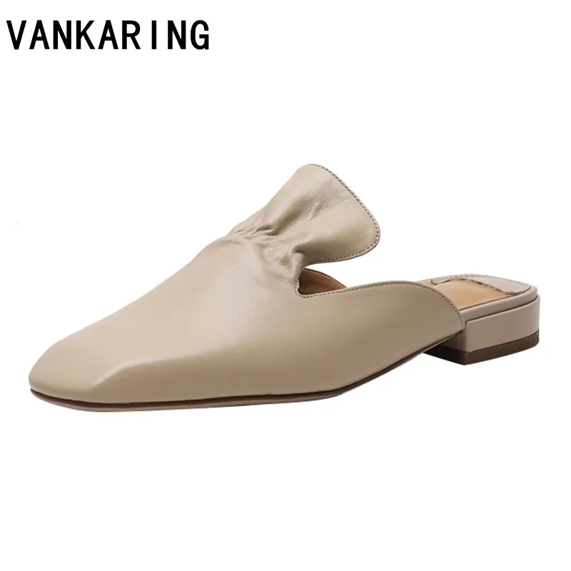 

ladies pumps cozy square toe low heels genuine leather women pumps brand dress summer sandals footwear platform slippers green