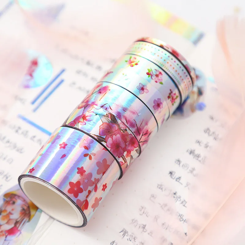 

5rolls/box Laser Bronzing Sakura/Unicorn/Flamingo/Starry sky Decoration Washi Tape DIY Planner Scrapbooking Masking Tape Escolar