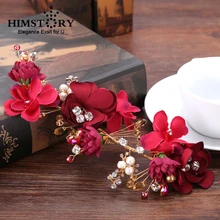 HIMSTORY Elegant Tiara Red Flower Tiaras Wedding Hair Jewelry Bridal Hair Accessories Handmade Bridal Headpiece Headband