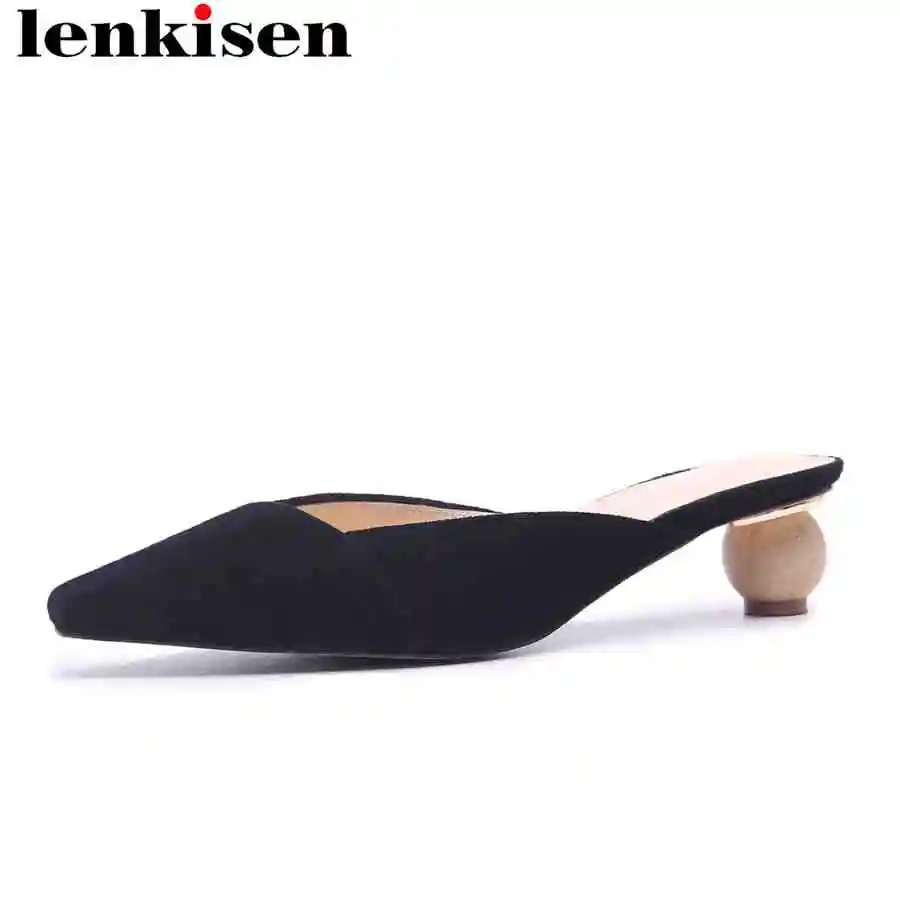

Lenkisen sheep leather elegant lady Korean girl square toe solid mules med strange heels fairy wedding retro women sandals L03