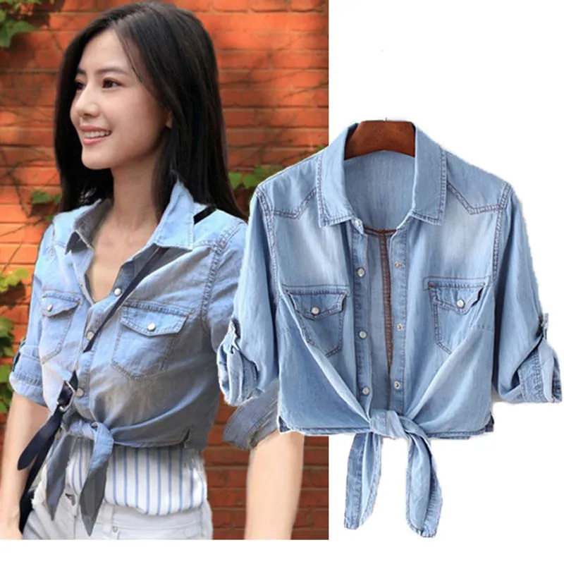 Women's Blouse Female Summer Denim Jacket Shirt Thin Short Knot Shawl Crop Tops Cardigan Sunscreen Clothing 2