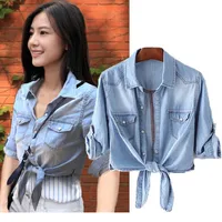 Women's Blouse Female Summer Denim Jacket Shirt Thin Short Knot Shawl Crop Tops Cardigan Sunscreen Clothing 2