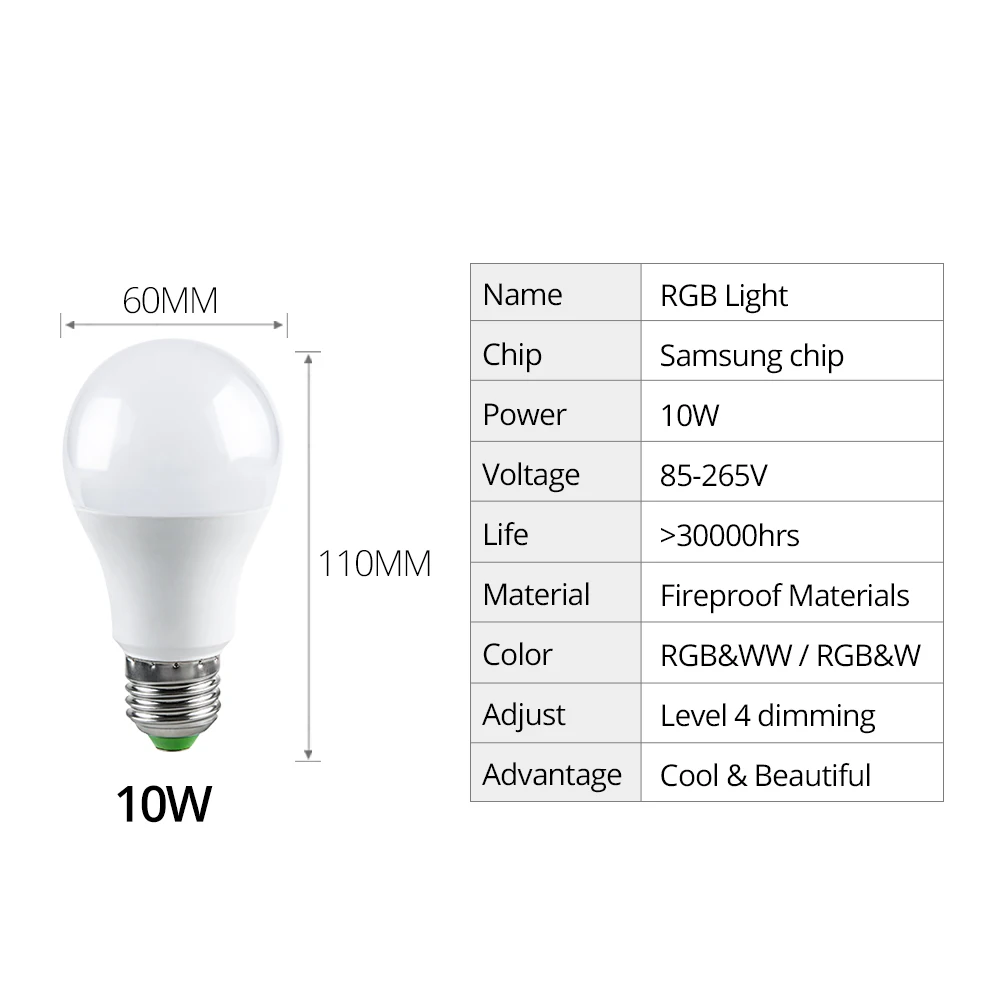 10 Вт E27 RGBW ампулы светодиодный светильник 5 уровней затемнения без мерцающие, светодиодные диодный прожектор A60 шарик пузыря шарика с контроллер с 24 кнопками