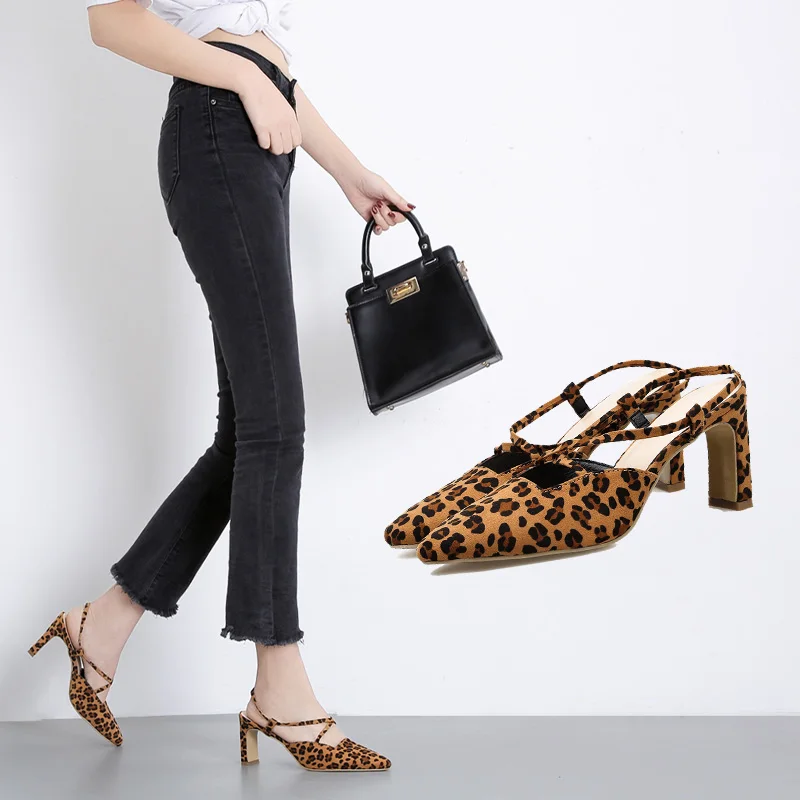 

Leopard Sandals Woman high heels Slides Back strap shoes suede closed toe Shoes For Women Ladies chunky heel Sandalias mujer