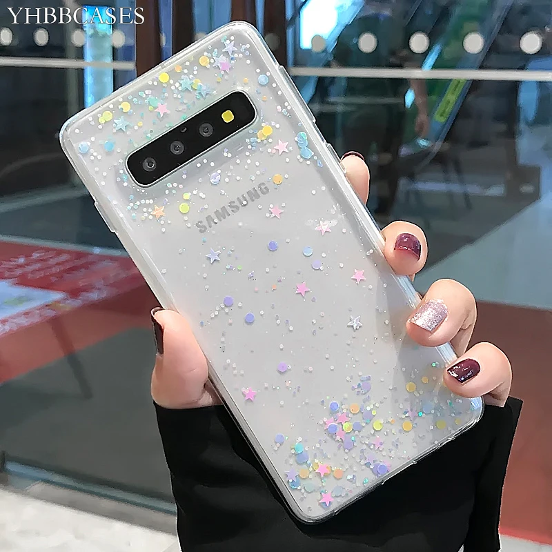 YHBBCASES For Samsung Galaxy S8 S9 S10 Plus Fashion Colorful Bling Paillettes Stars Clear Soft Cover For Samsung Note 8 9 Cases