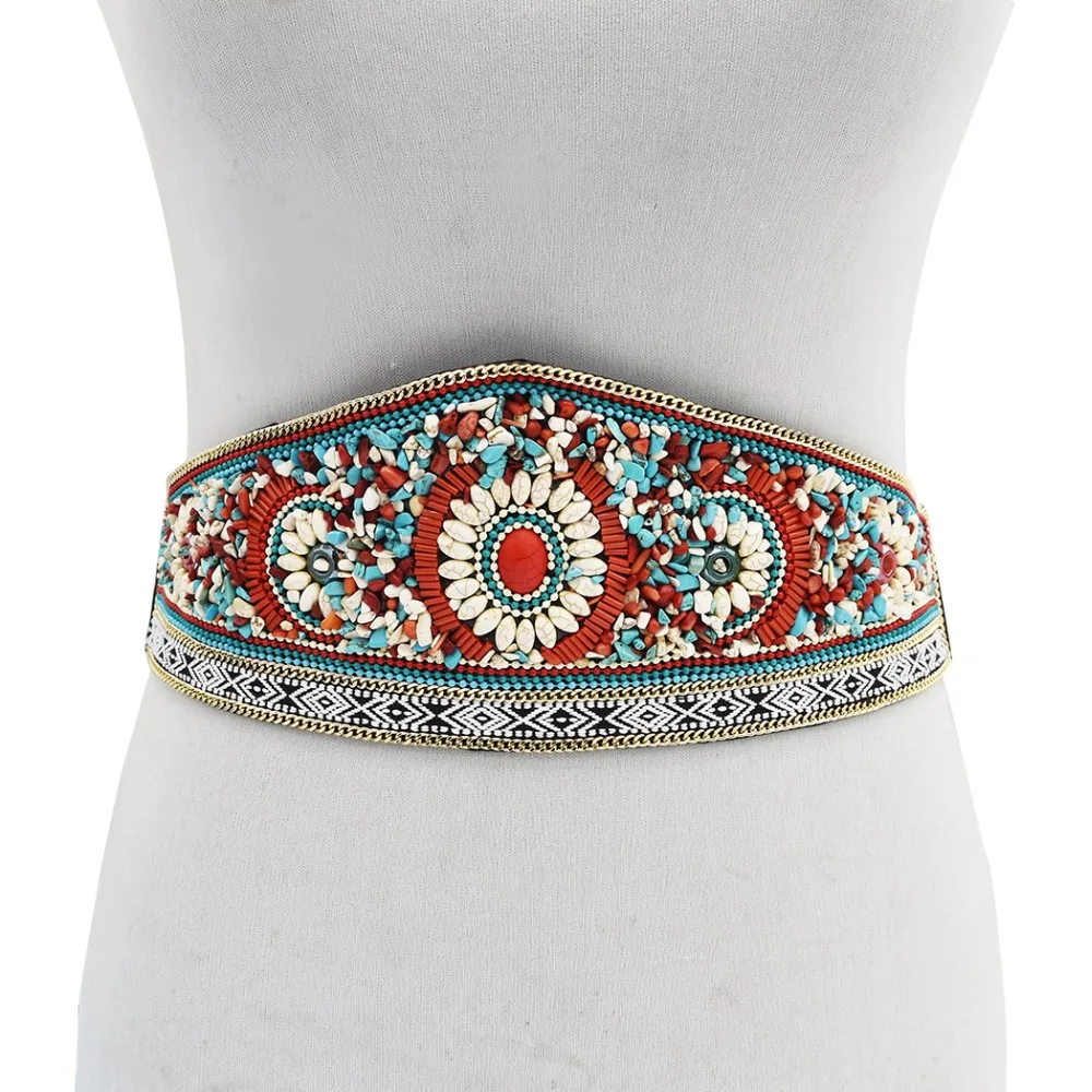 

Ethnic Waistband Elastic for Women Boho Colorful Resin Beads Wide Dress Belts Gypsy Turkey Belly Waist Body Chain India Jewelry