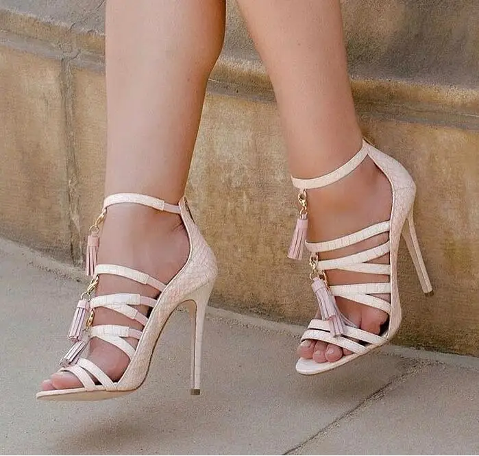 

Summer Latest Design Women Cute Pink Python Leather 3 Fringe Tassels Stiletto Heels Zipper Back High Heel Party Dress Sandals