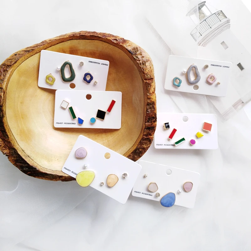 

6Pcs/set Vintage Geometric Irregular Round Square Rectangle Pearl Resin Stud Earrings Simple Color Earrings For Party Jewelry