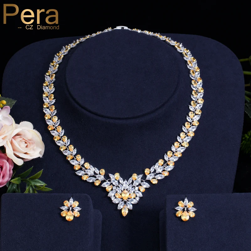 Pera CZ Luxury Women Wedding Yellow And White Stone Jewelry Accessories For Brides Big Leaf Shape Necklace And Earrings Set J167 Pera CZ Luxury Women Wedding Yellow And White Stone Jewelry Accessories For Brides Big Leaf Shape Necklace And Earrings Set J167