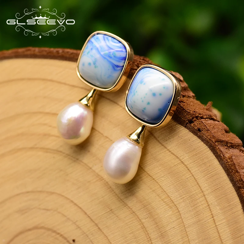 

GLSEEVO Natural Baroque Pearl Blue Colored Glass Stud Earrings For Women Birthday Gift Dual Use Earrings Jewelry Aretes GE0767A