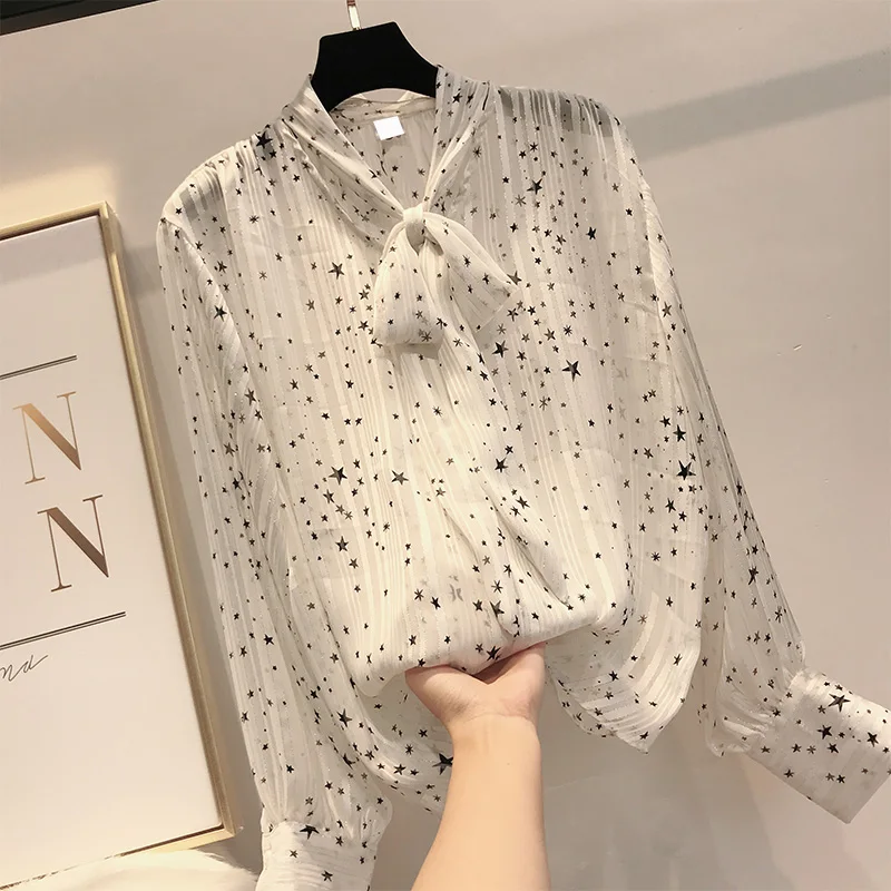 MUMUZI Women OL Stars Print Women Blouse Chiffon Casual Loose Long Sleeve Shirt Tops Female Elegant Hollow out Tops Blouses