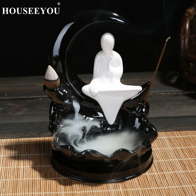 HOUSEEYOU керамический белый маленький Монах Будда обратный поток ладан горелка держатель домашний декор ароматерапия водопад Будда курильница