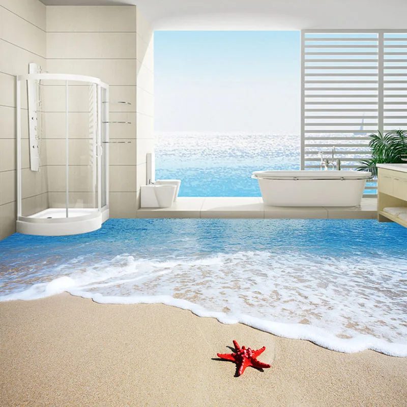 

Custom Flooring Mural Wallpaper Beach Starfish Waves 3D Bathroom Floor Painting PVC Self-adhesive Waterproof Floor Sticker Mural