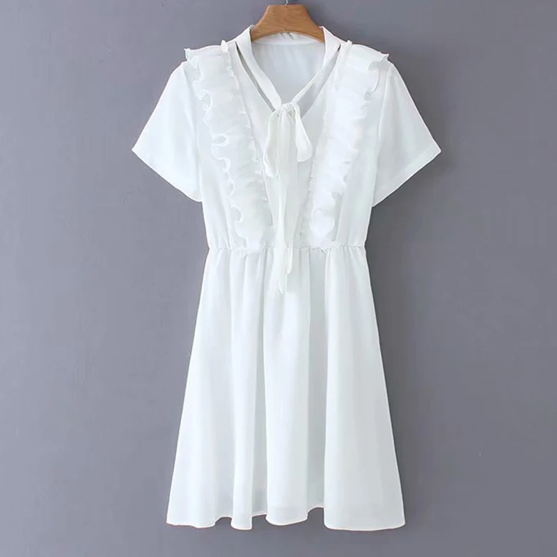 Women's Clothing Dress 2019 Chiffon V-neck Ruffled lace Stitching Dress Ms Summer Street Slim Fit Stylish Temperament Clothing