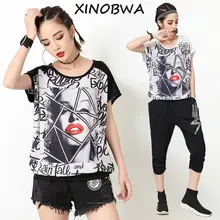 Европейский стиль; Новинка; в стиле Лето Для женщин высокое уличный стиль свободные круглая горловина со стразами губы печать футболка Топы, женская, с перфорацией, рубашки с кружевом