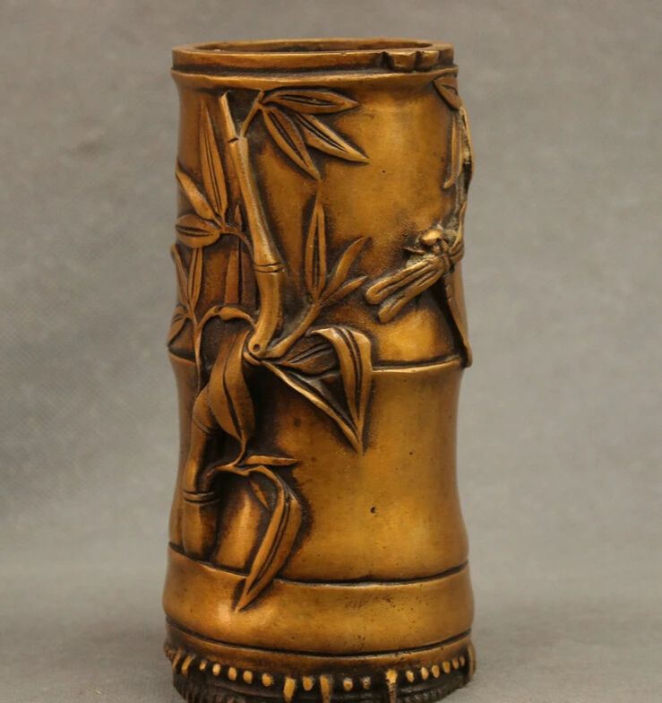 

S3950 Chinese Bronze Carved Dragonfly Bamboo Statue Cicada Pot Pencil Vase Brush Pot D0317