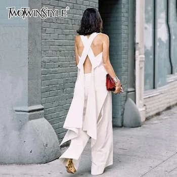 

TWOTWINSTYLE Backless Sexy Shirt Women Sleeveless Patchwork Asymmetrical Elegant Blouse Tops Female 2020 Summer New Fashion