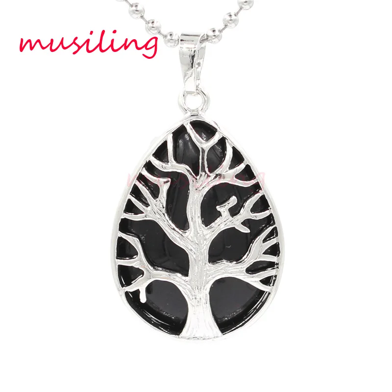 

Life Tree Pendants Necklace Chain Pendulum Water Drop Silver Plated Natural Stone Reiki Charms Jewelry for Women 1pcs
