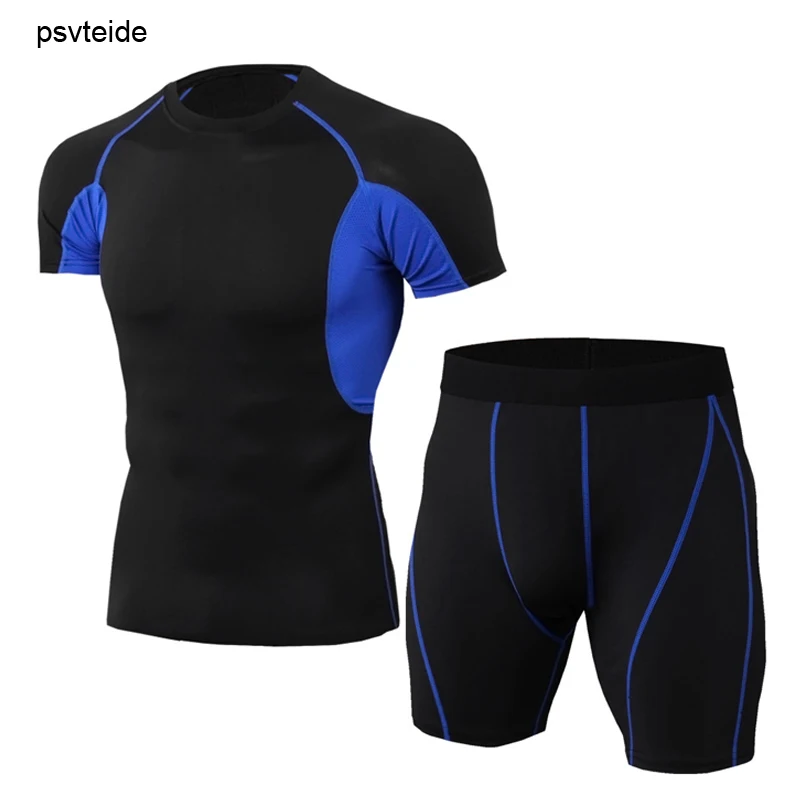 

psvteide Fitness Set Men 2 pcs Mens Sports Suits Shorts Sleeve Tracksuit Men compression clothing Gym Shorts Men Running Clothes