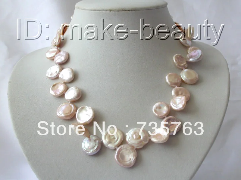 

HOT N22 stunning big 16mm round coin pink reborn keshi freshwater pearl necklace