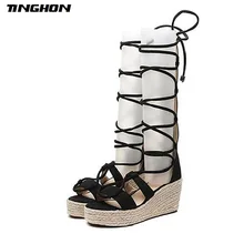 TINGHON Women Black Brown Lace Up Platform Sandals Peep Toe Wedge Espadrilles Women Ankle Strap Comfortable Women Sandals black rope women white slingback shoes lace up ladies strap sandals female wedge ankle espadrilles pumps tie closed toe designer
