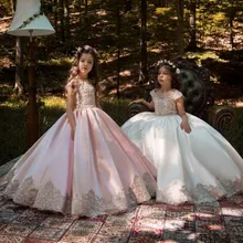 Роскошные Новые Платья с цветочным узором для девочек бальное платье с короткими рукавами, кружевное атласное платье для первого причастия для девочек размер 2-16