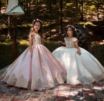 

Luxury New Custom Made Flower Girls Dresses Ball Gown Short Sleeve Lace Satin Girls First Communion Dress Size 2-16