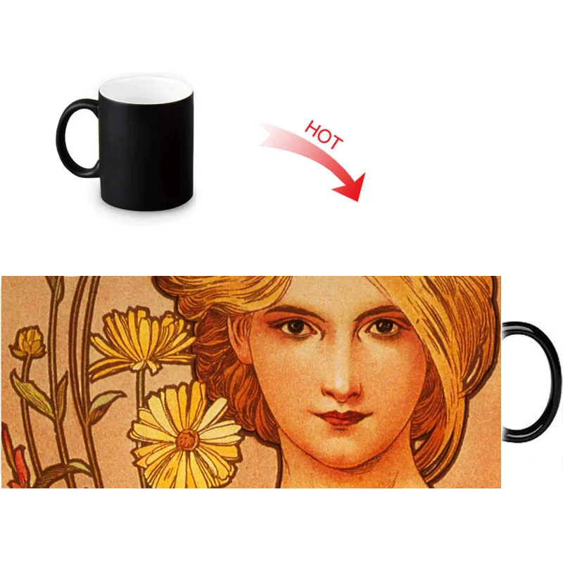 12 унций Alphonse Mucha Work Heat Reveal волшебная кружка изменение цвета кофе молочный чай