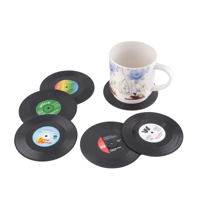 

6pcs/set Vinyl CD Record Coaster Non-Slip Round Coffee Drink Coasters Glass Cup Holder Mat Pad Placemat Dining Table Decorations