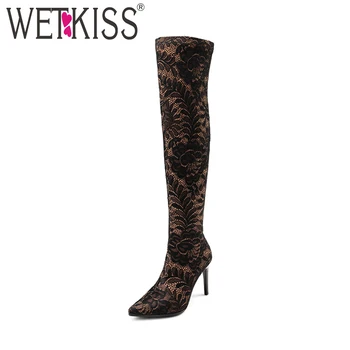 

WETKISS Over The Knee Boots Women Thin High Heels Boots Shoes Lace Autumn Fashion Ladies Shoes 2018 New Pointed Toe Footwear